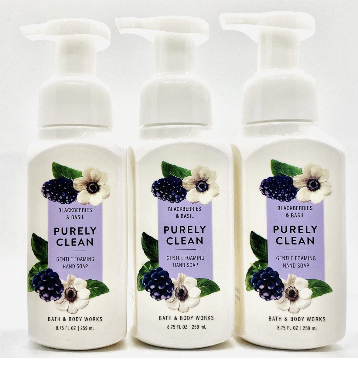 3/BATH & BODY WORKS PURELY CLEAN BLACKBERRIES & BASIL GENTLE FOAMING HAND SOAP