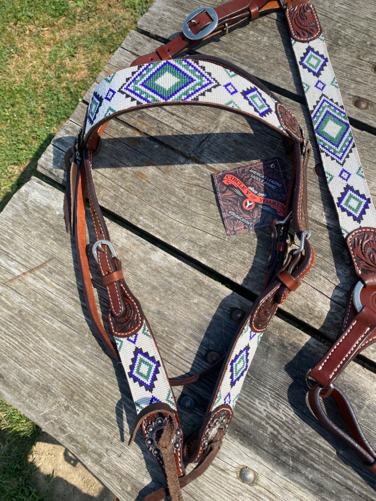 Circle Y white, blue, green beaded Western headstall & breast collar tack set