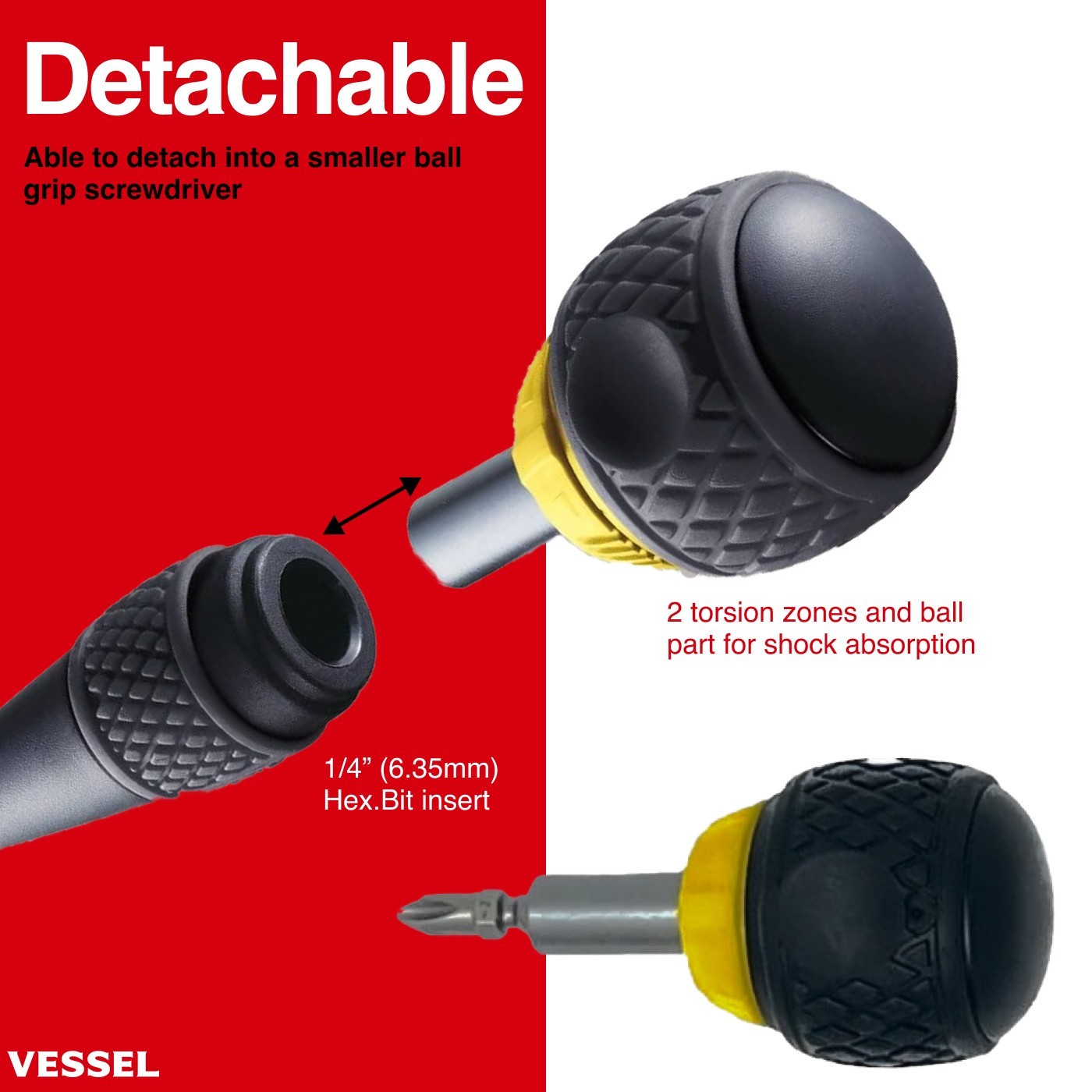Vessel Ball Grip Ratcheting Screwdriver Interchangeable w 11pc Bit Set