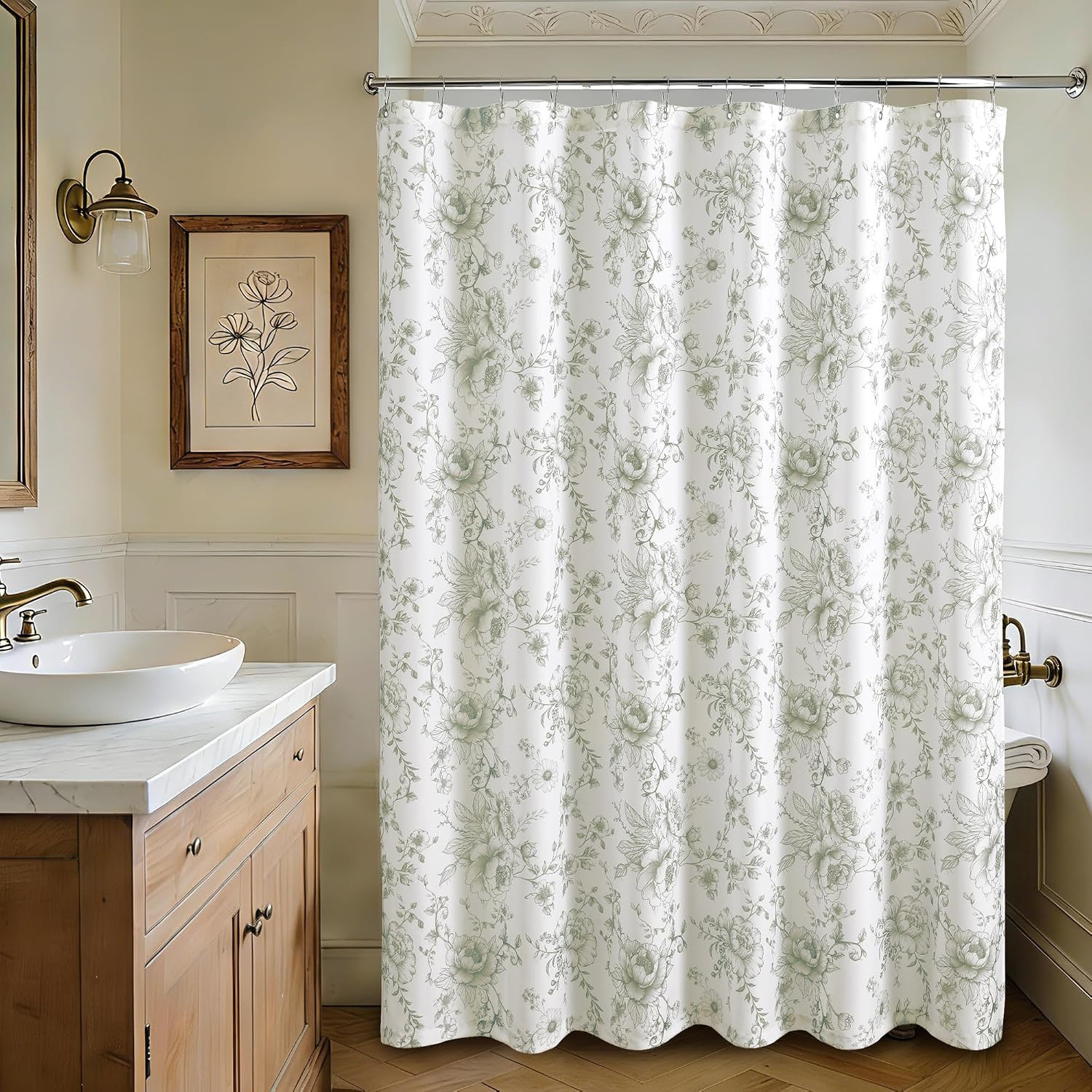 Floral Shower Curtain Waterproof Peony Bloom Green 72X72 | Vintage Farmhouse Cot
