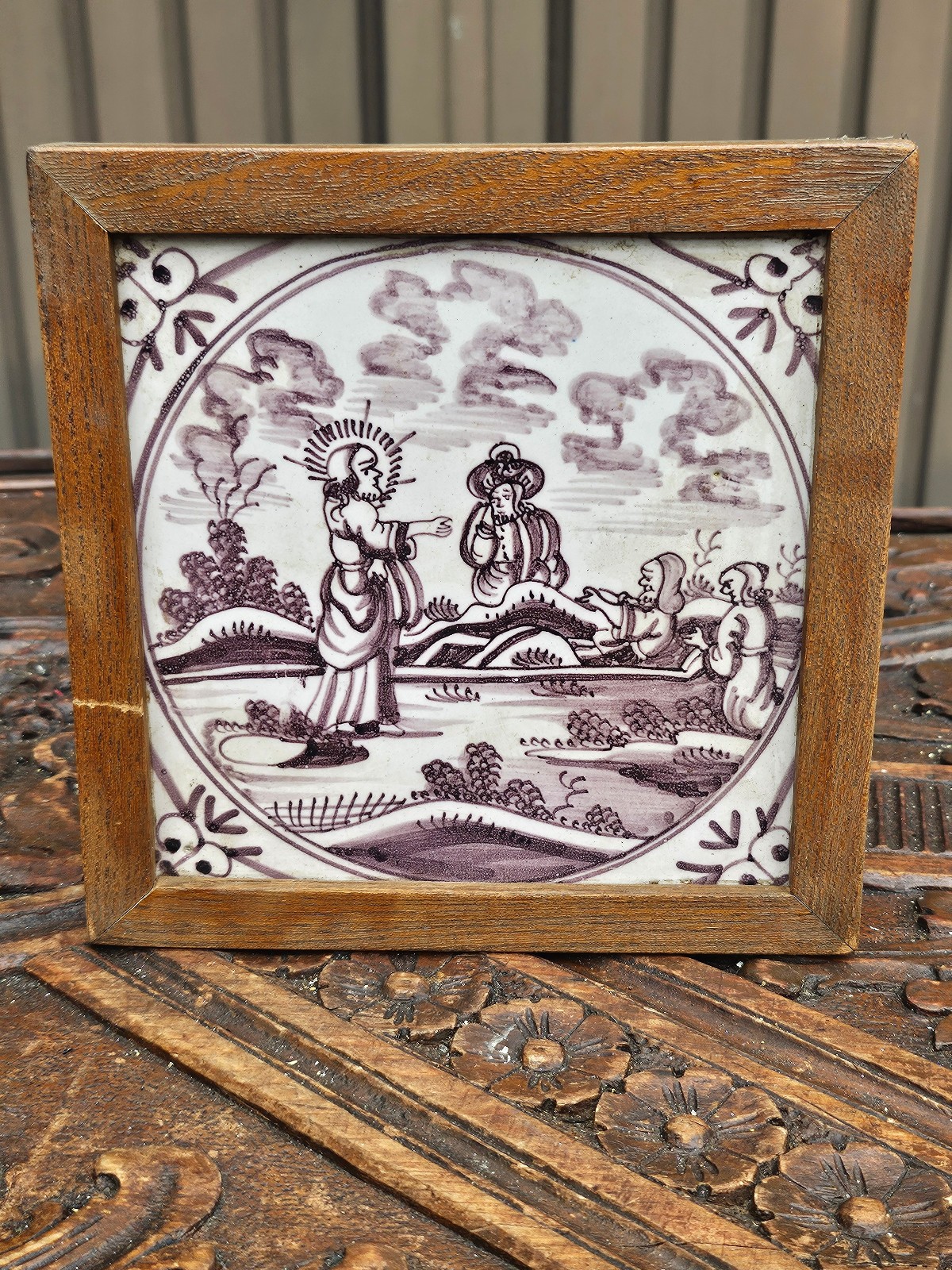 Antique 18th Century Dutch Delft Manganese Biblical Tile in Wooden Frame