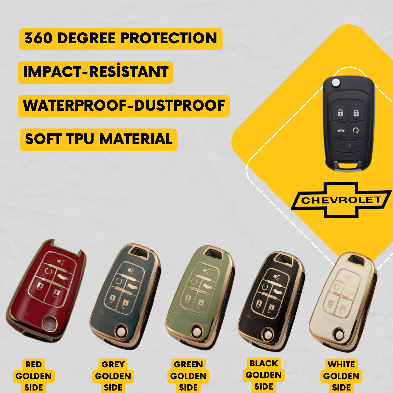 CHEVROLET 5-Button Flip Key Fob Cover for Camaro, Cruze, Equinox, Malibu, Sonic