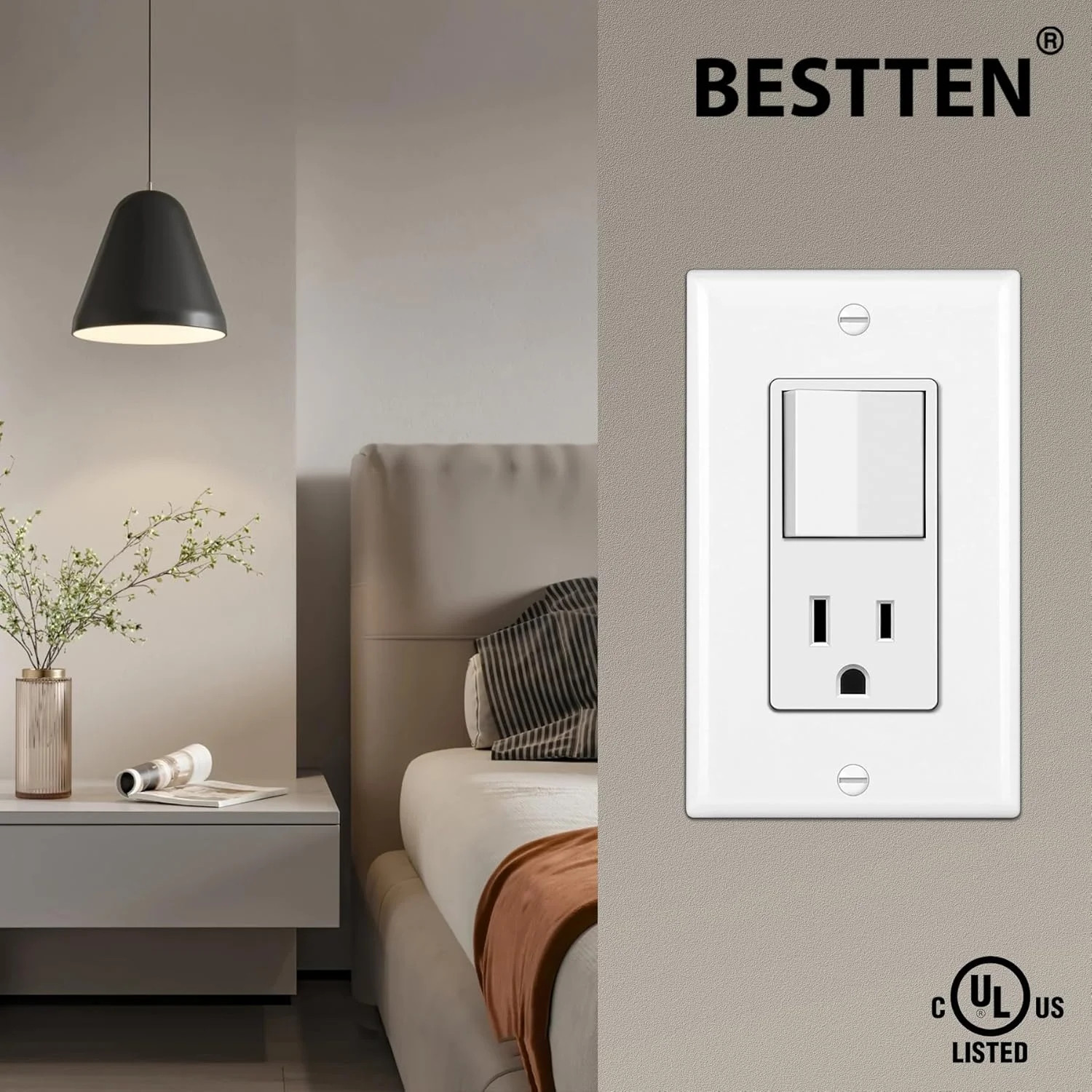 BESTTEN 10 Pack Combination Wall Light Switch and Decor Outlet, Single Pole Rock