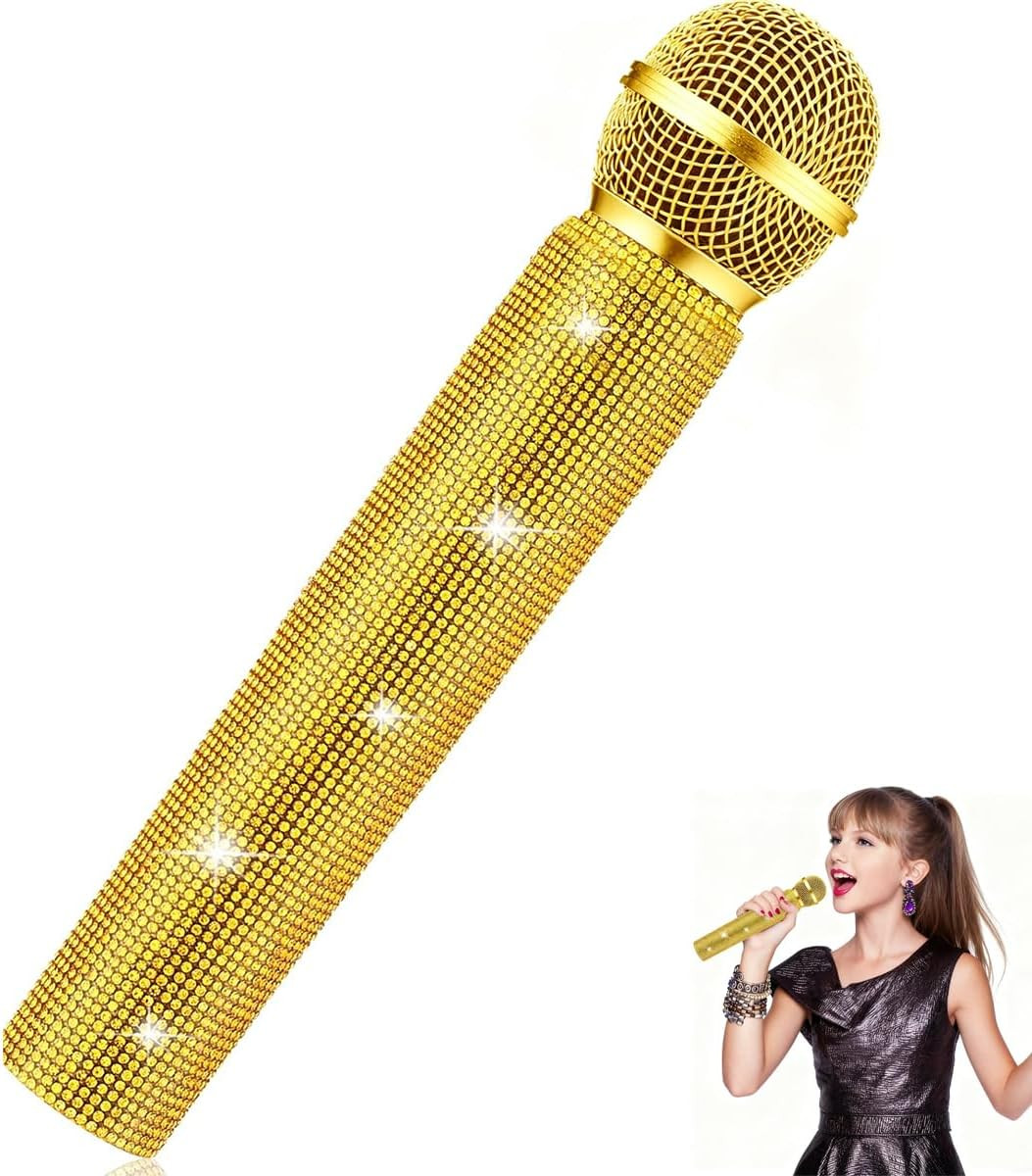 Gold Sparkly Microphone Prop: Rhinestone Mic Toy for Karaoke, Pretend Concerts &