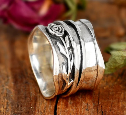 925 Sterling Silver Rose Band Ring Meditation Handmade Ring Jewelry All size-D-6