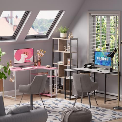 43 Inch L Shaped Computer Desk with Reversible Side Storage Shelves, Small