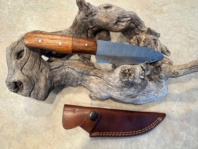 Damascus EDC hunting knife with two tone wood handle, leather sheath hand made
