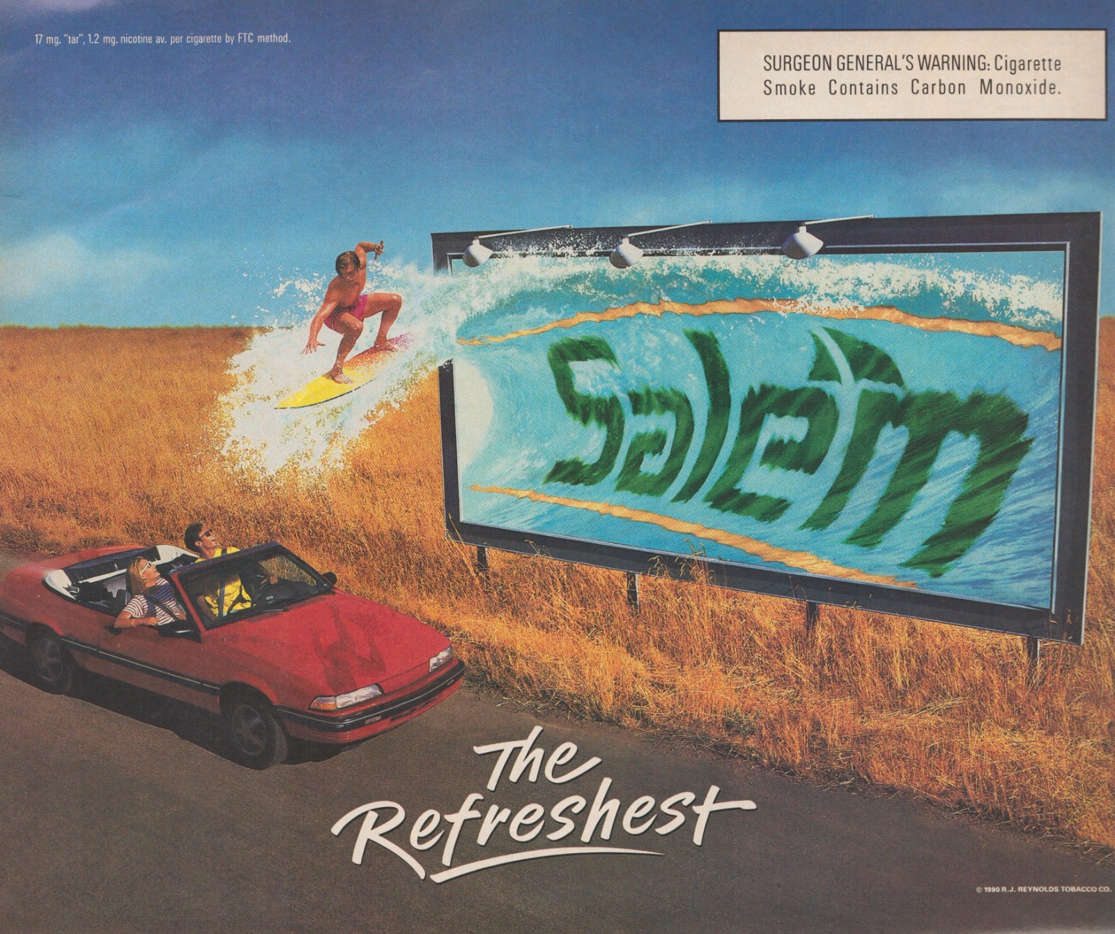 1991 Salem Vintage Print Ad Cigarettes Surfer Convertible Sports Car