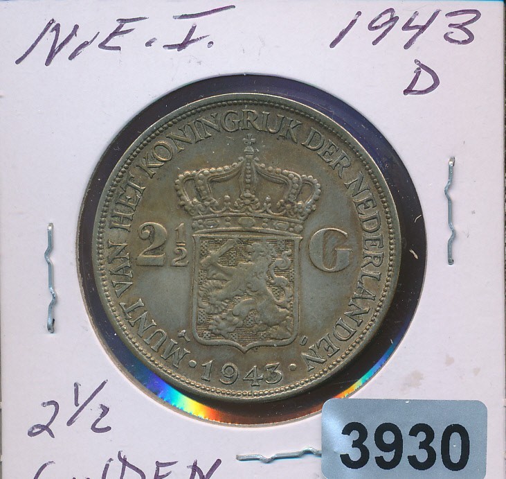 NETHERLANDS EAST INDIES - 2 1/2 GULDEN - 1944-D SILVER CROWN - #3930