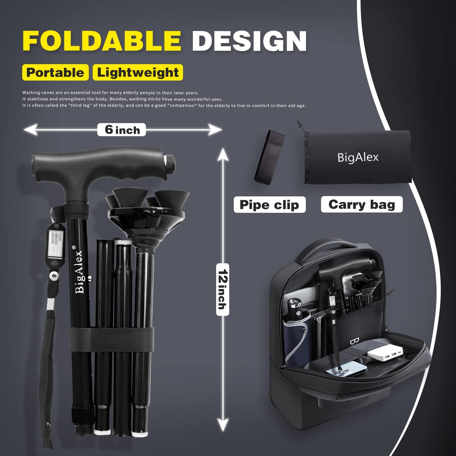 Folding Walking Cane with LED Light,Pivoting Quad Base,Adjustable Walking Sti...