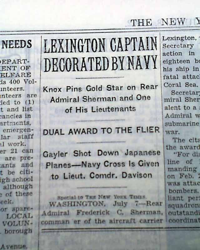 USS LEXINGTON Aircraft Carrier Admiral Frederick C. Sherman 1942 WWII Newspaper