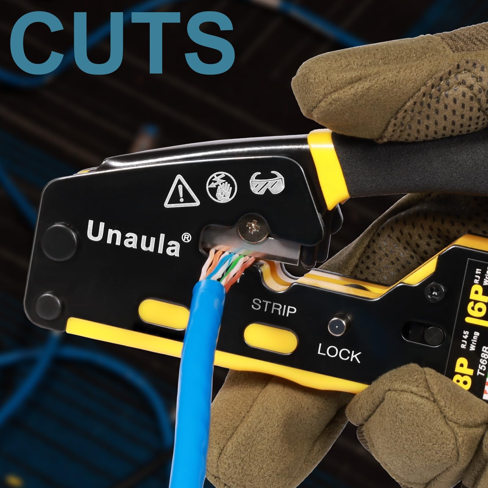 RJ45 Crimp Tool Pass Through Ethernet Crimper Kit Compact, Black & Yellow