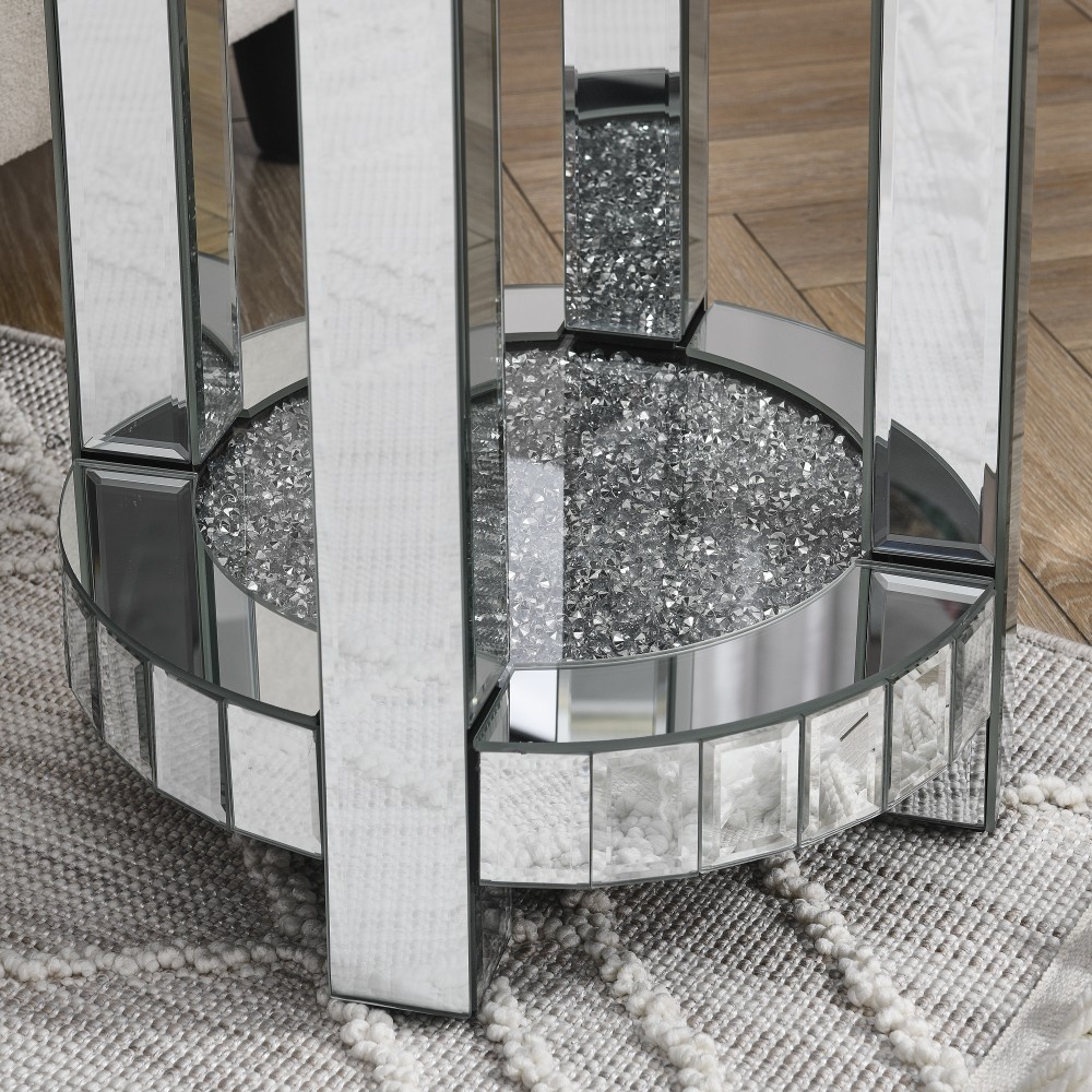 Mirrored Round End Table w/ Crystal Inlay, 2-Tier Coffee Table Silver