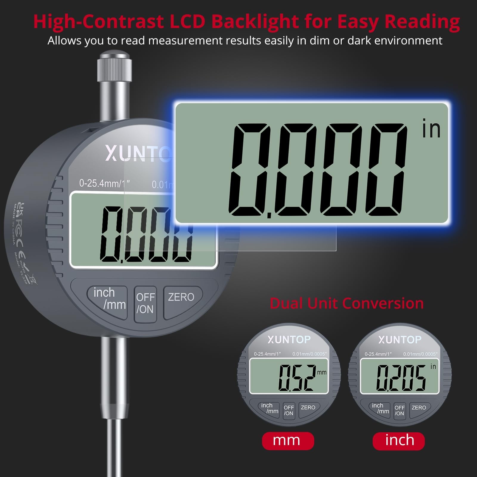 XUNTOP Digital Dial Indicator 1inch/0.0005inch LCD Display Electronic Dial...