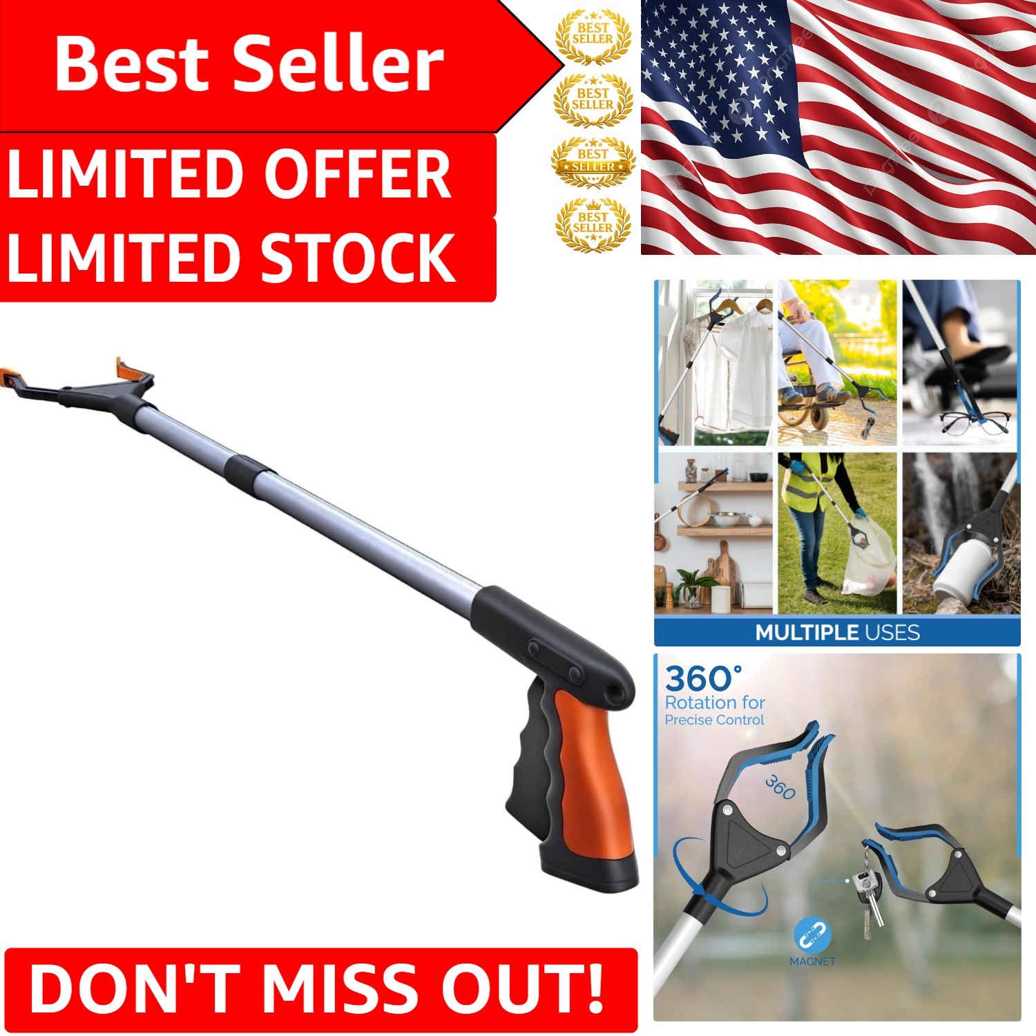 PowerGrip T9 Grabber Reacher Tool - Essential Mobility Aid with Strong Grip