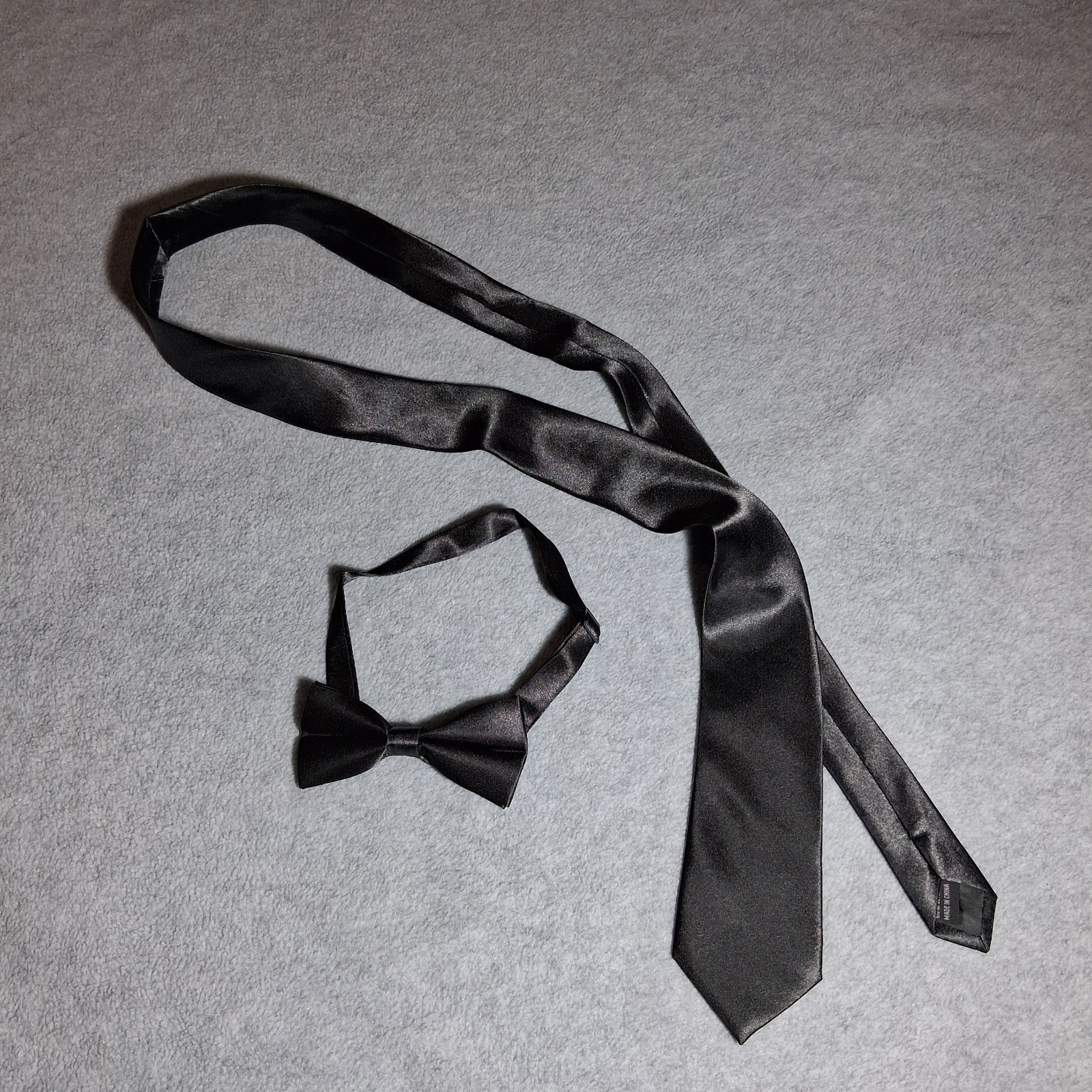 Black Satin Necktie and Pre-tied Bow Tie Set Formal Wedding Accessory 2pc