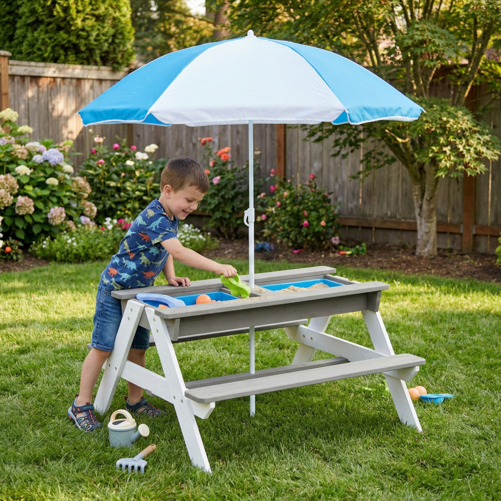 3-in-1 Kids Outdoor Wooden Picnic Table With Umbrella, Convertible Sand & Wate