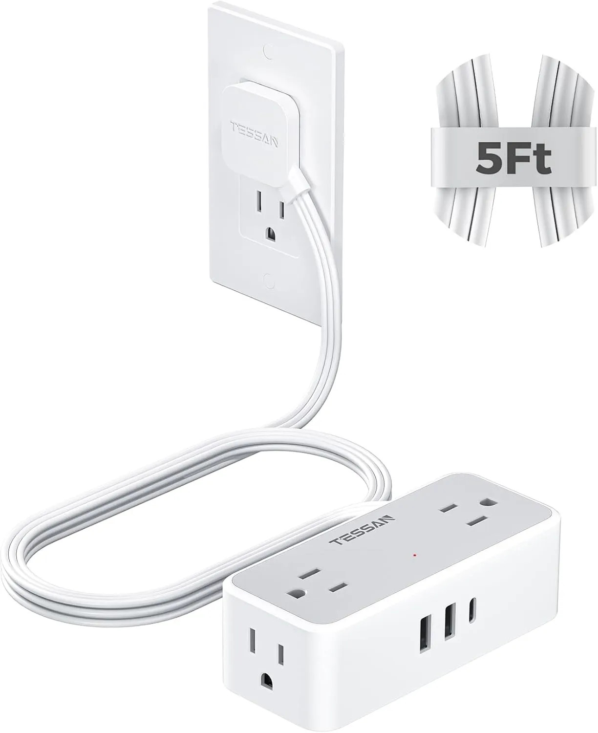 5 Ft Extension Cord 900J Surge Protector 4 AC Outlets 1 USB C 2 USB A Flat Plug