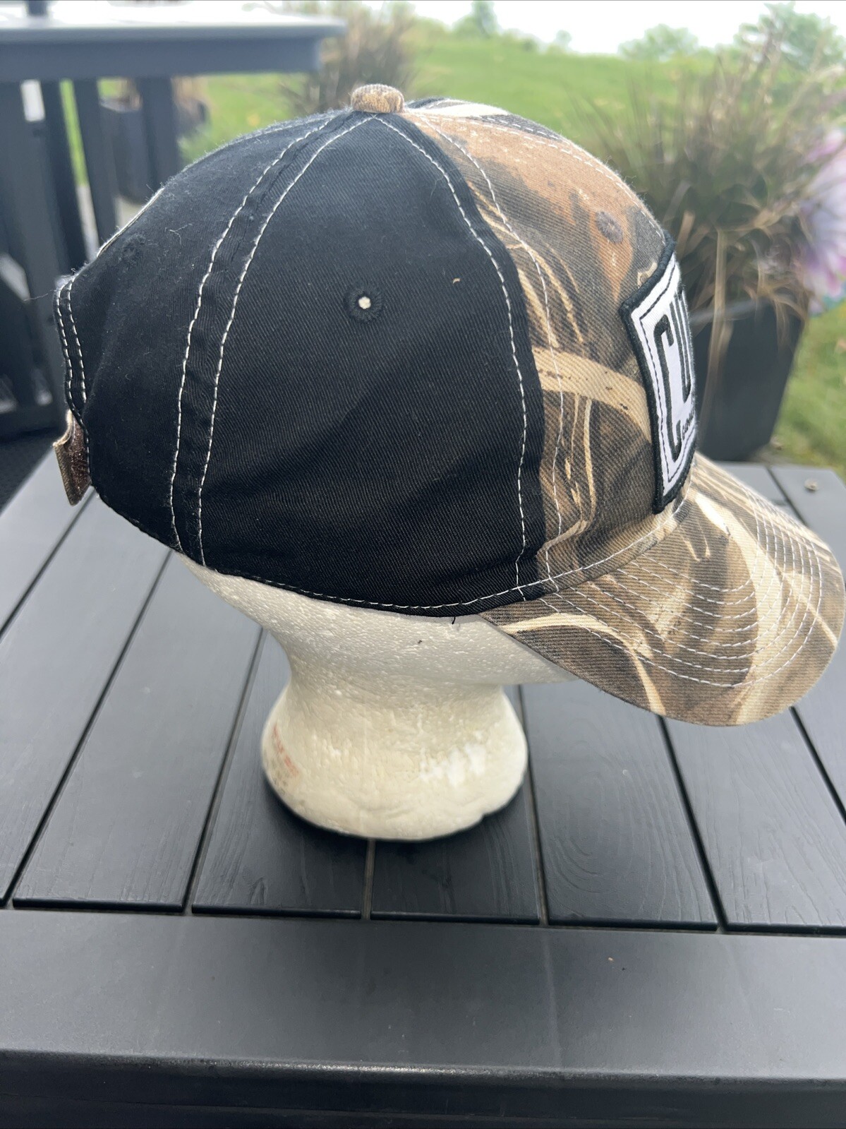 CUT’EM Duck Commander White Patch on Black w Camouflage Front Bill Hat Cap Adj