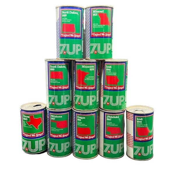 Vintage Soda 7UP Cans United We Stand Lot of 10 Central States Empty Movie Props