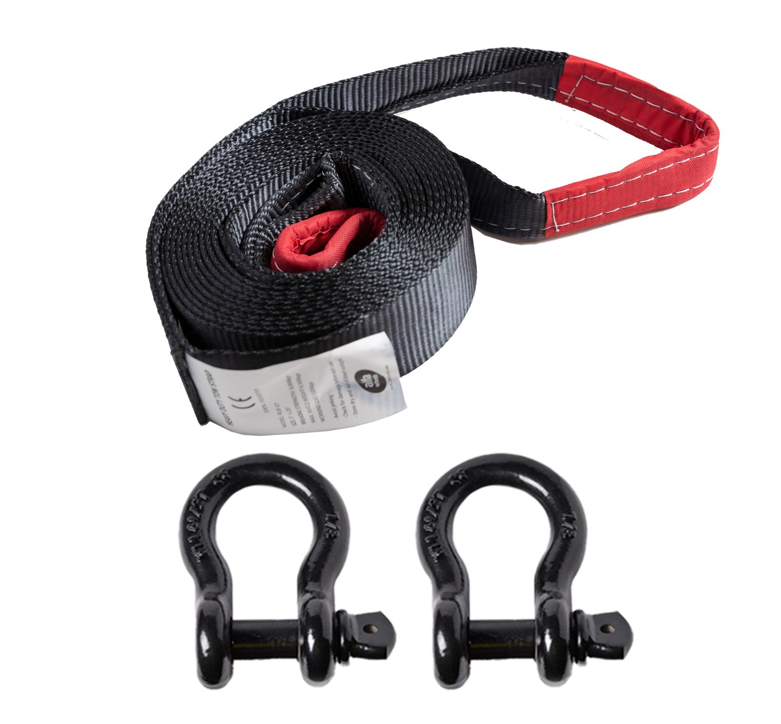 Tow Strap Black 20ft Snow Rescue 3x20 3" 20000 lbs 9Ton w 2x 7/8 Bow Shackles