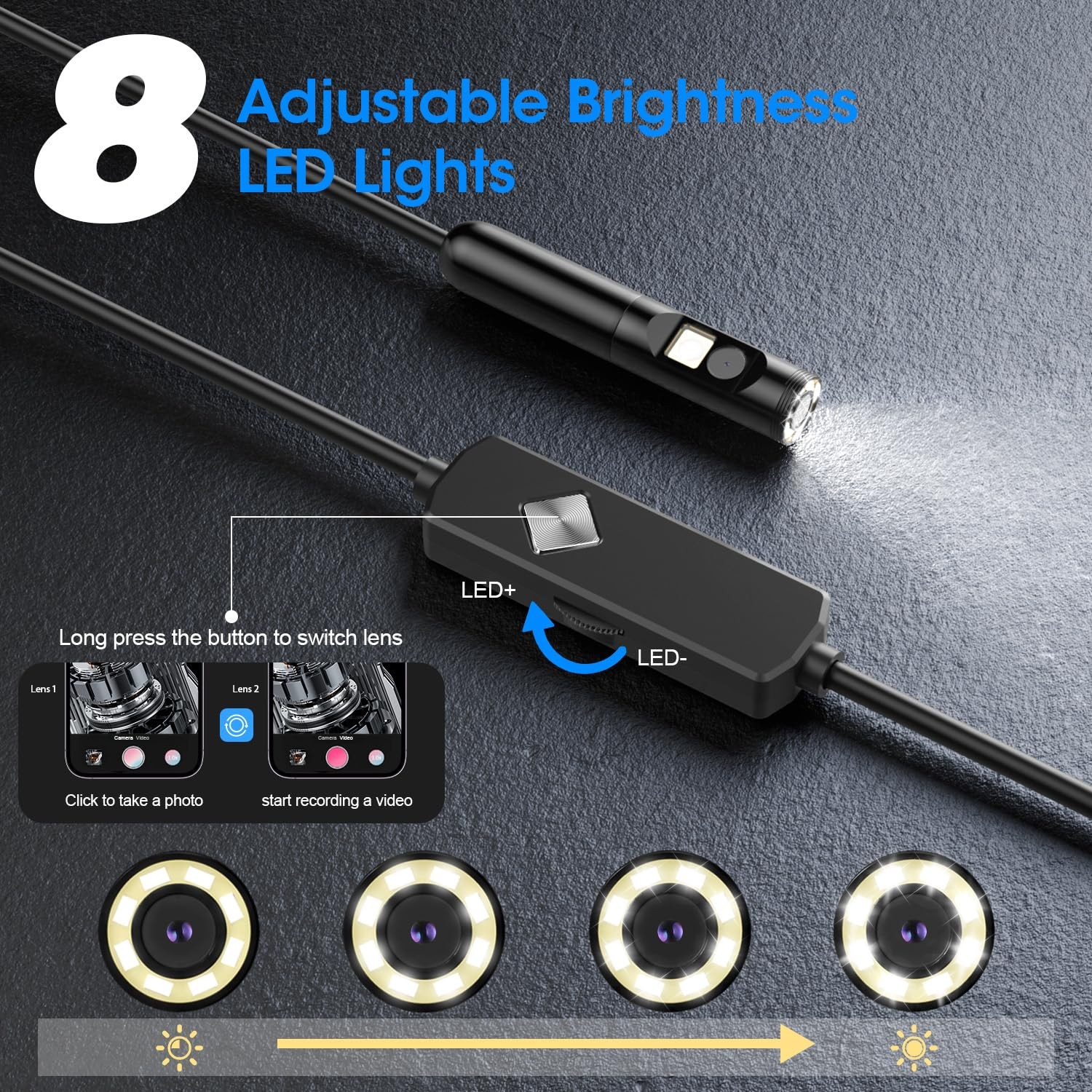 Endoscope with Light, 1920P HD Borescope with 8 Adjustable LED Lights, 16.4FT...
