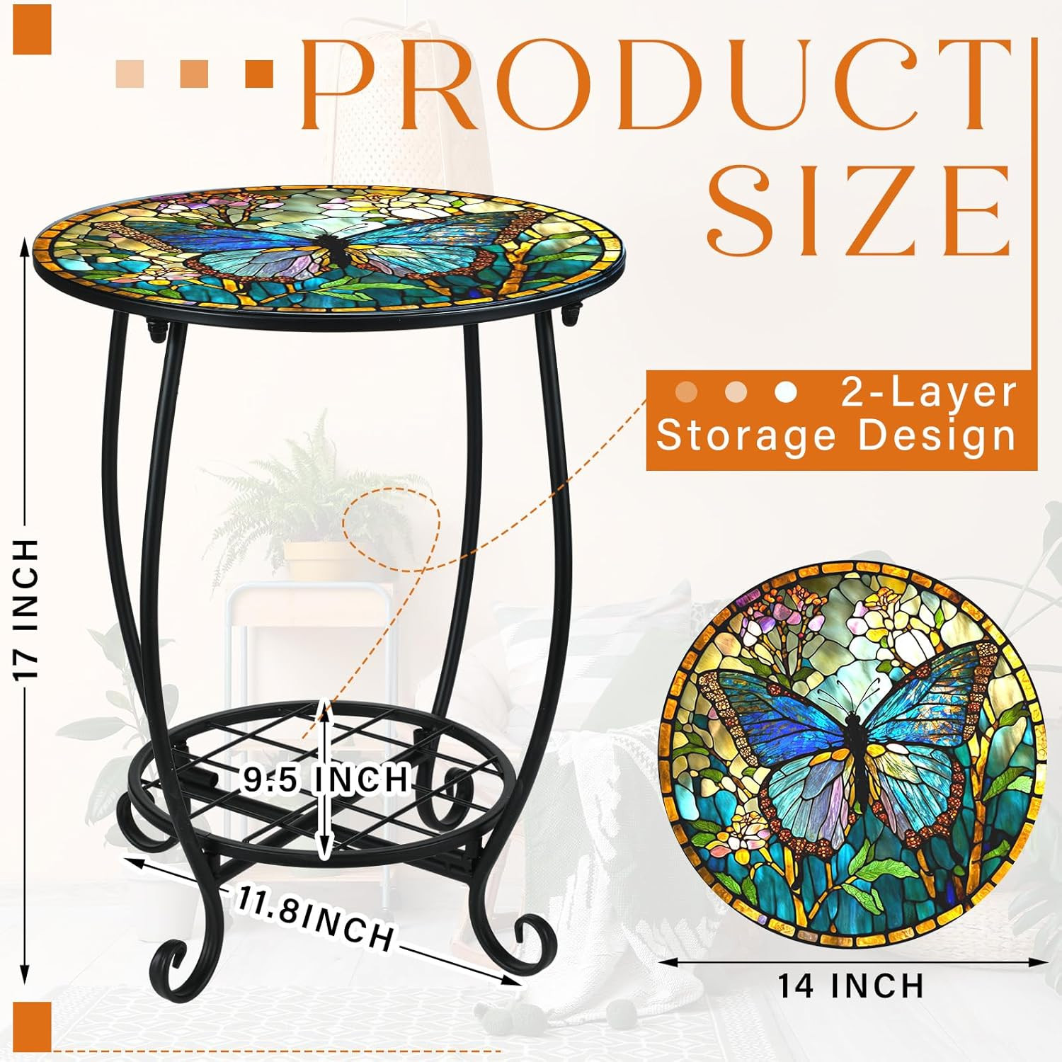 Small Round Mosaic Side Table for Indoor Outdoor Use - 14 Inch