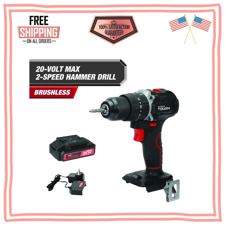 Hyper Tough 20V Brushless 1/2 inch Cordless Hammer Drill with Battery and Cha...