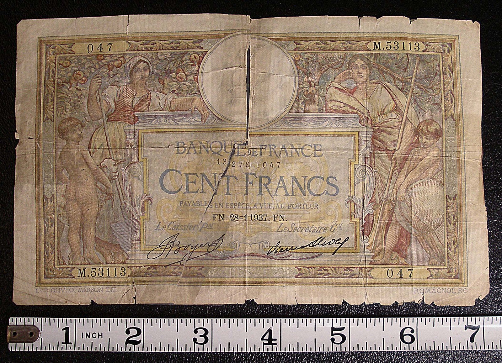 1937 France 100 FR P-86a banknote SCARCE DAMAGED #16743