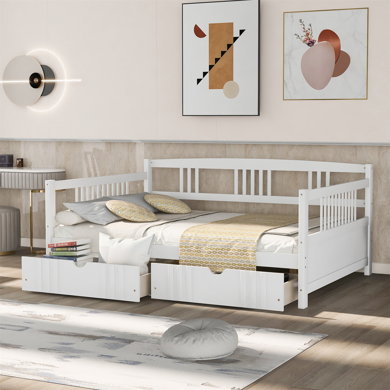 Full Size Daybed Wooden Bed Frame Sofa Bed w/ 2 Drawers White/Gray/Espresso