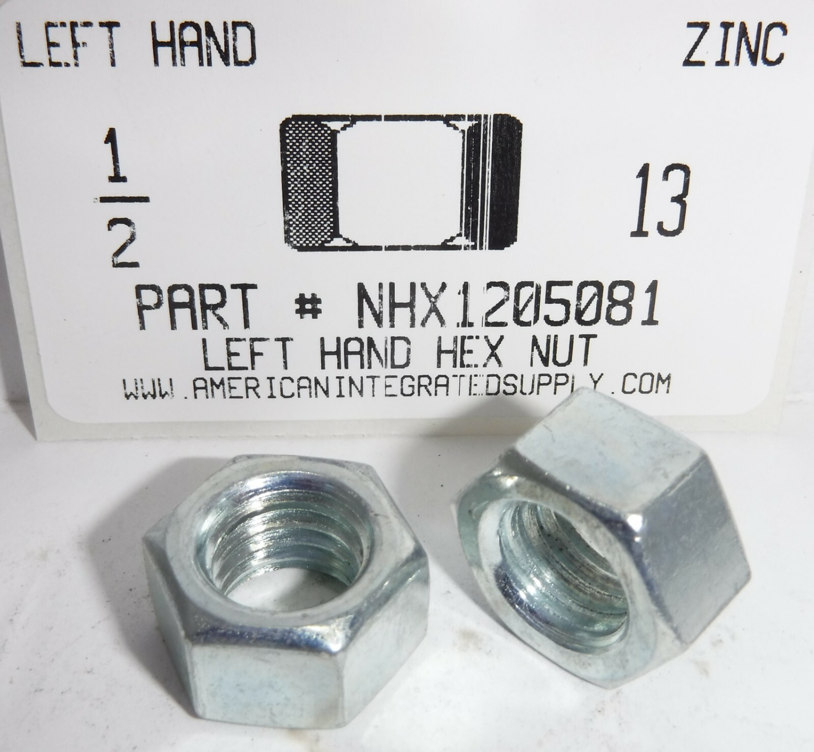 1/2-13 Left Hand Hex Nuts Grade 2 Steel Zinc Plated (5)