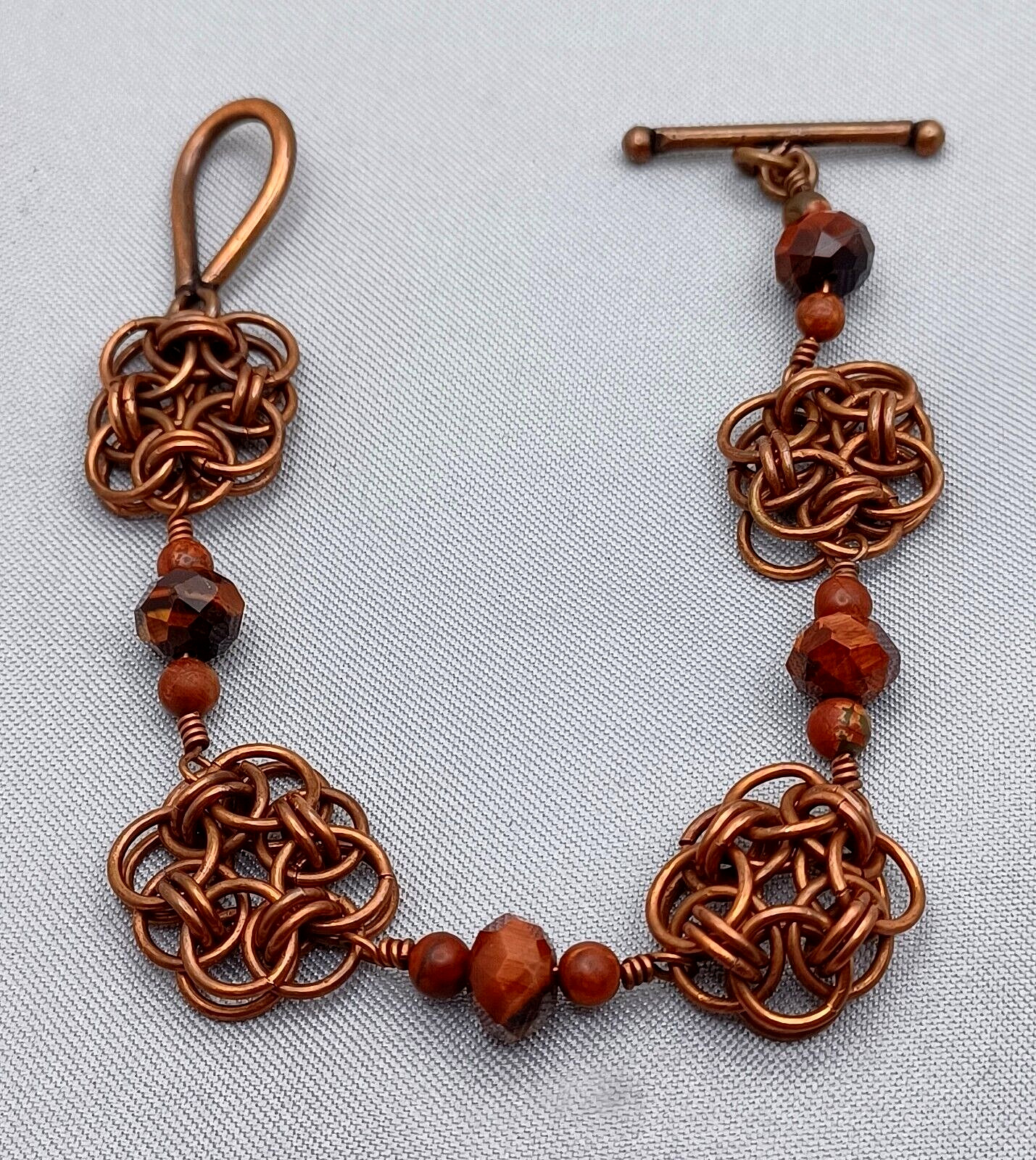 Copper & Stone Bracelet Floral Design Artisan Made Coppery Brown Stones Toggle
