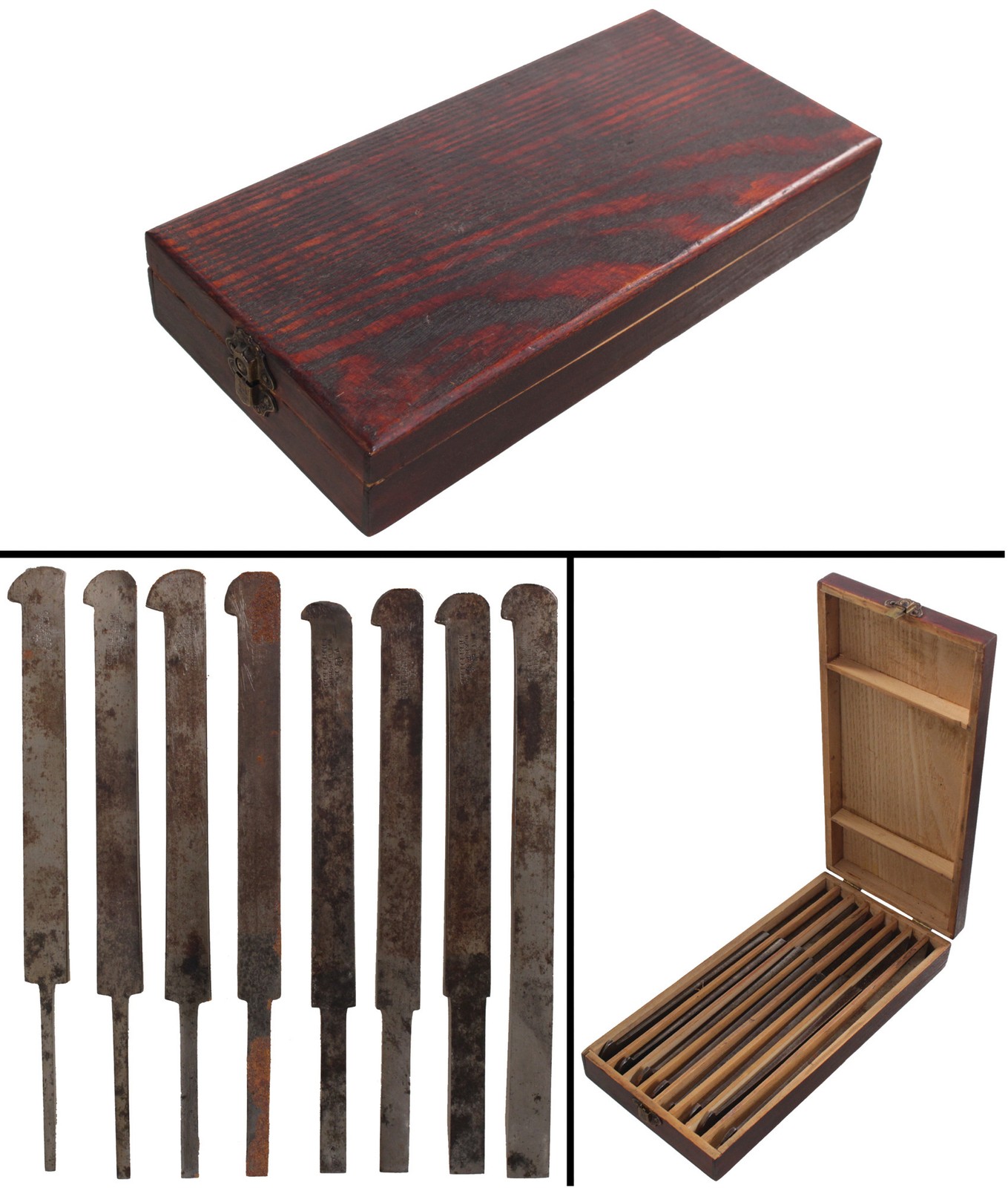 Full Set of Eight W. Butcher Plow Plane Irons - Purpose Made Case - mjdtoolparts