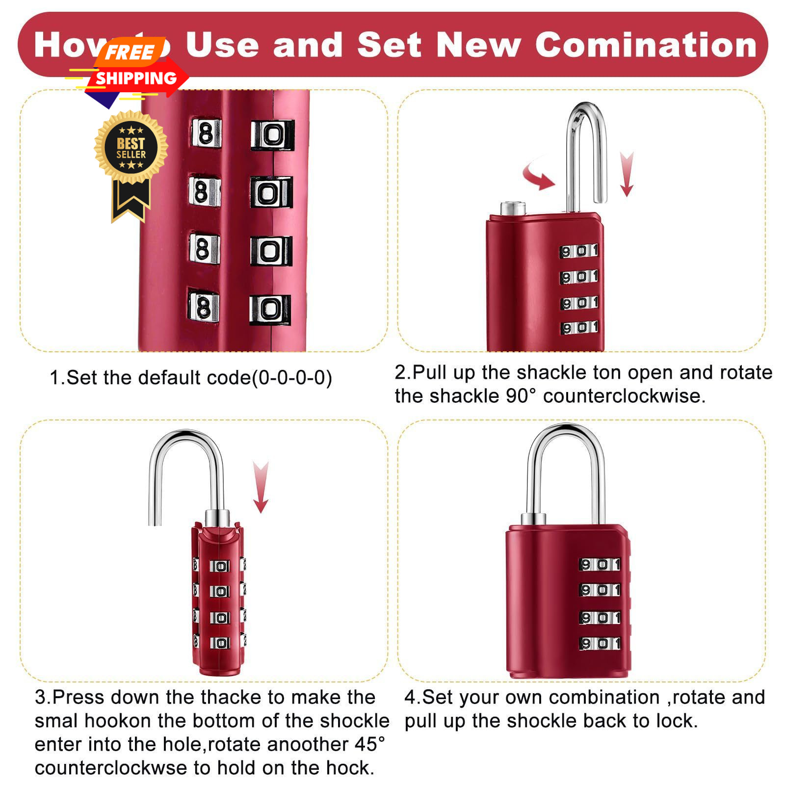 Kenning 10 Pcs Combination Padlock 4 Digit Lock with Keys Red