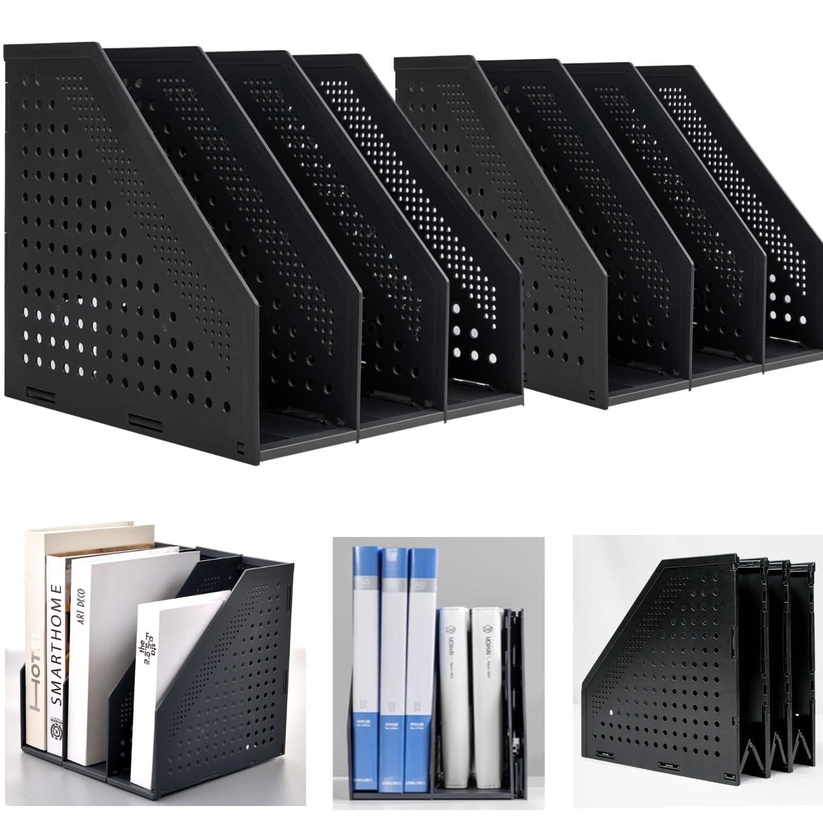 2 PCS Black Collapsible 3 Compartment Magazine Holder Desktop File Organizer
