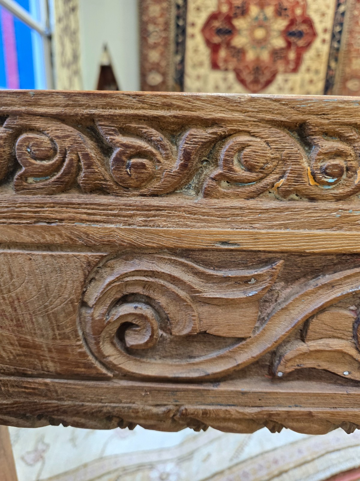 Reclaimed solid wood bench with floral carving design