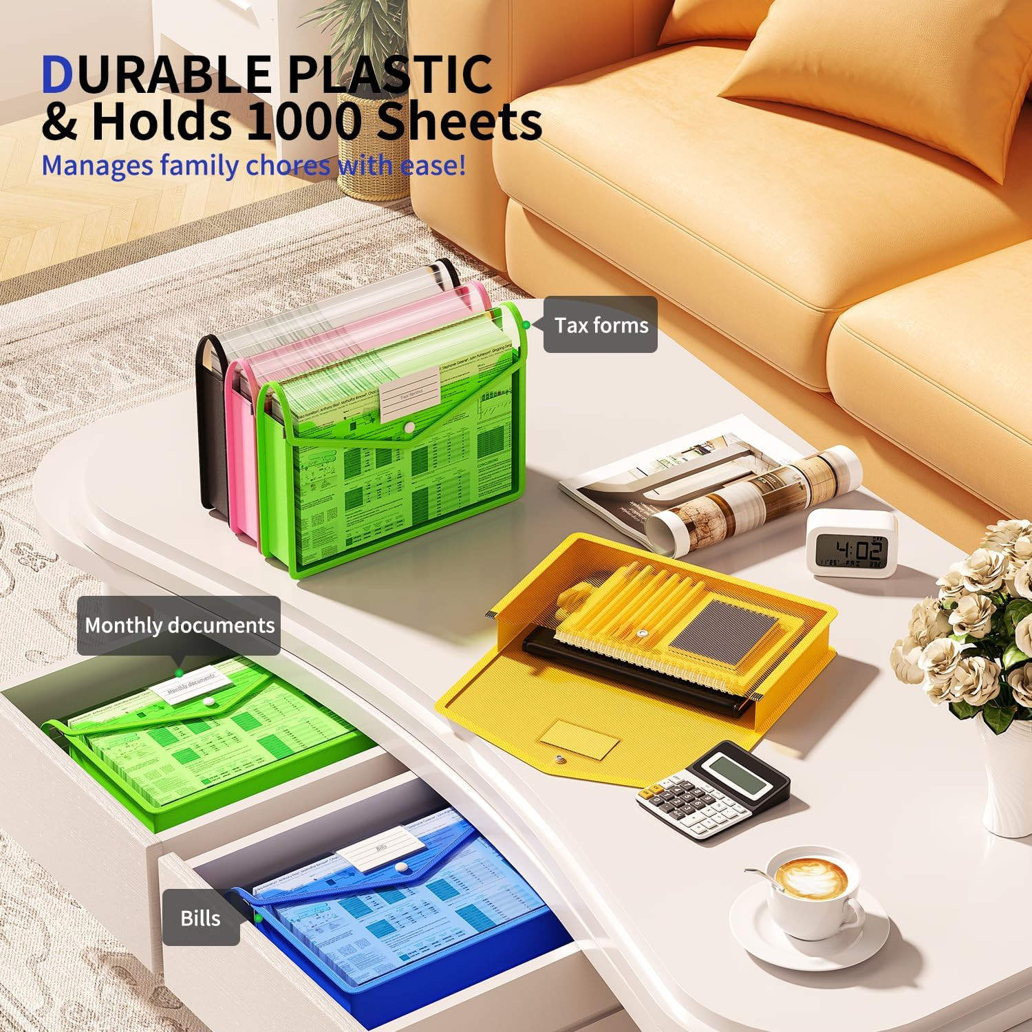 2 Pack Plastic Expanding File Folder, Transparent Envelopes with Snap Closure, F
