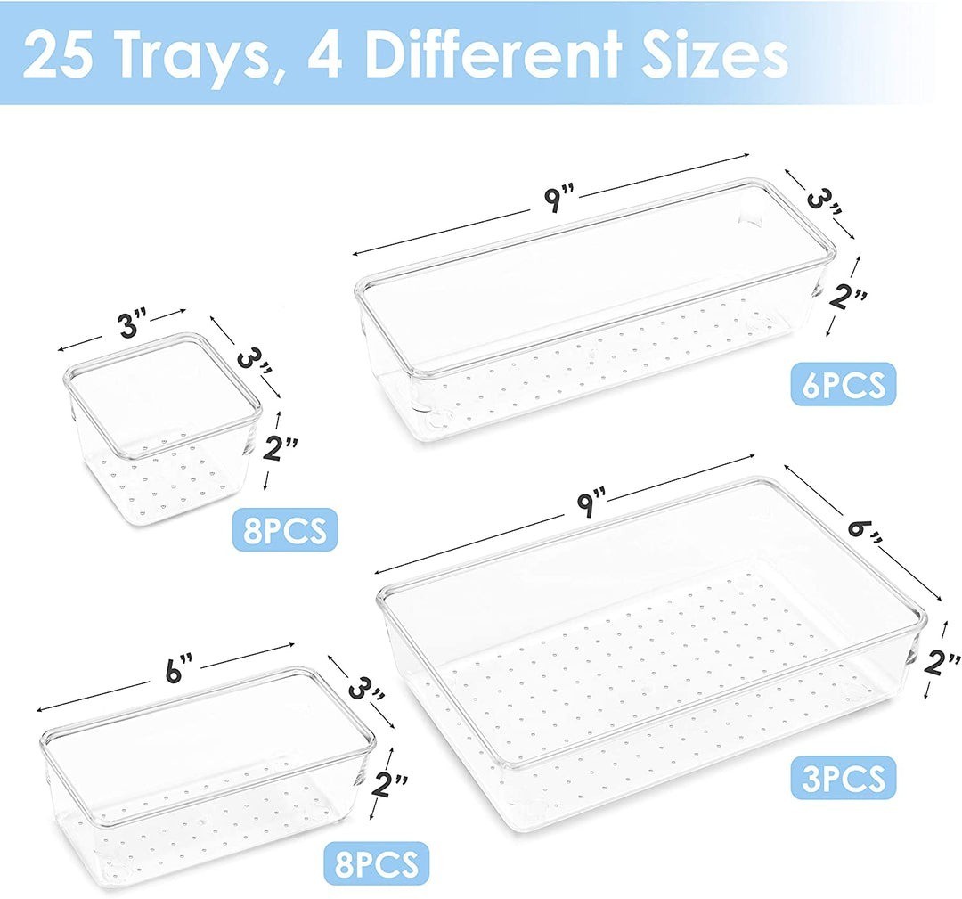 25 PCS Clear Plastic Drawer Organizers Set 4-Size Versatile Bathroom and Vanity