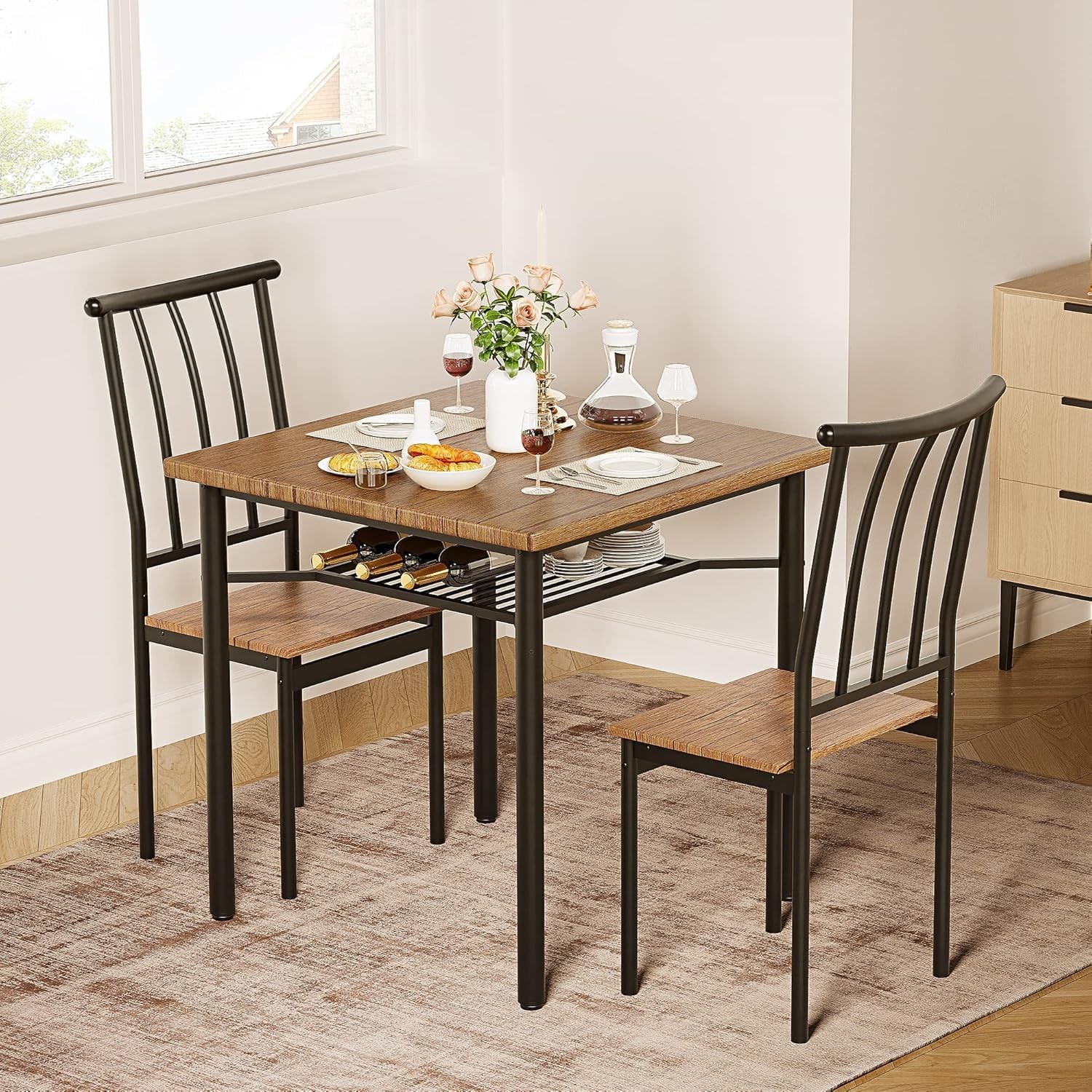 Dining Table Set for 2,3-Piece Kitchen Set w 2 Chairs&Wine Rack for Small Spaces
