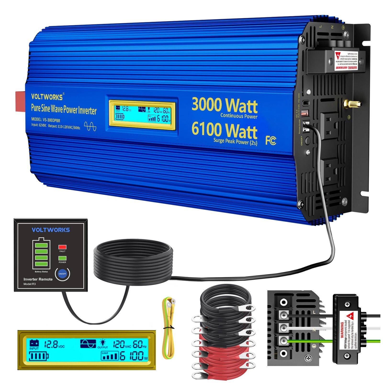 3000Watt Inverter 12V to 110V 120V Pure Sine Wave 6100W Surge Peak Power for 2S