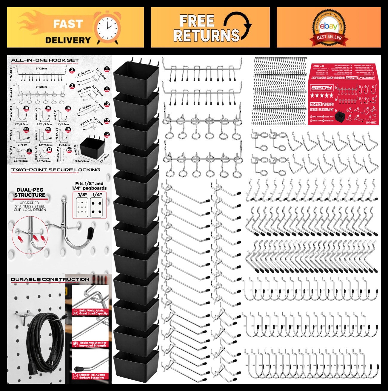 280PCS Pegboard Accessories Kit - Hooks, Bins & Stainless Steel Locks for Tool S