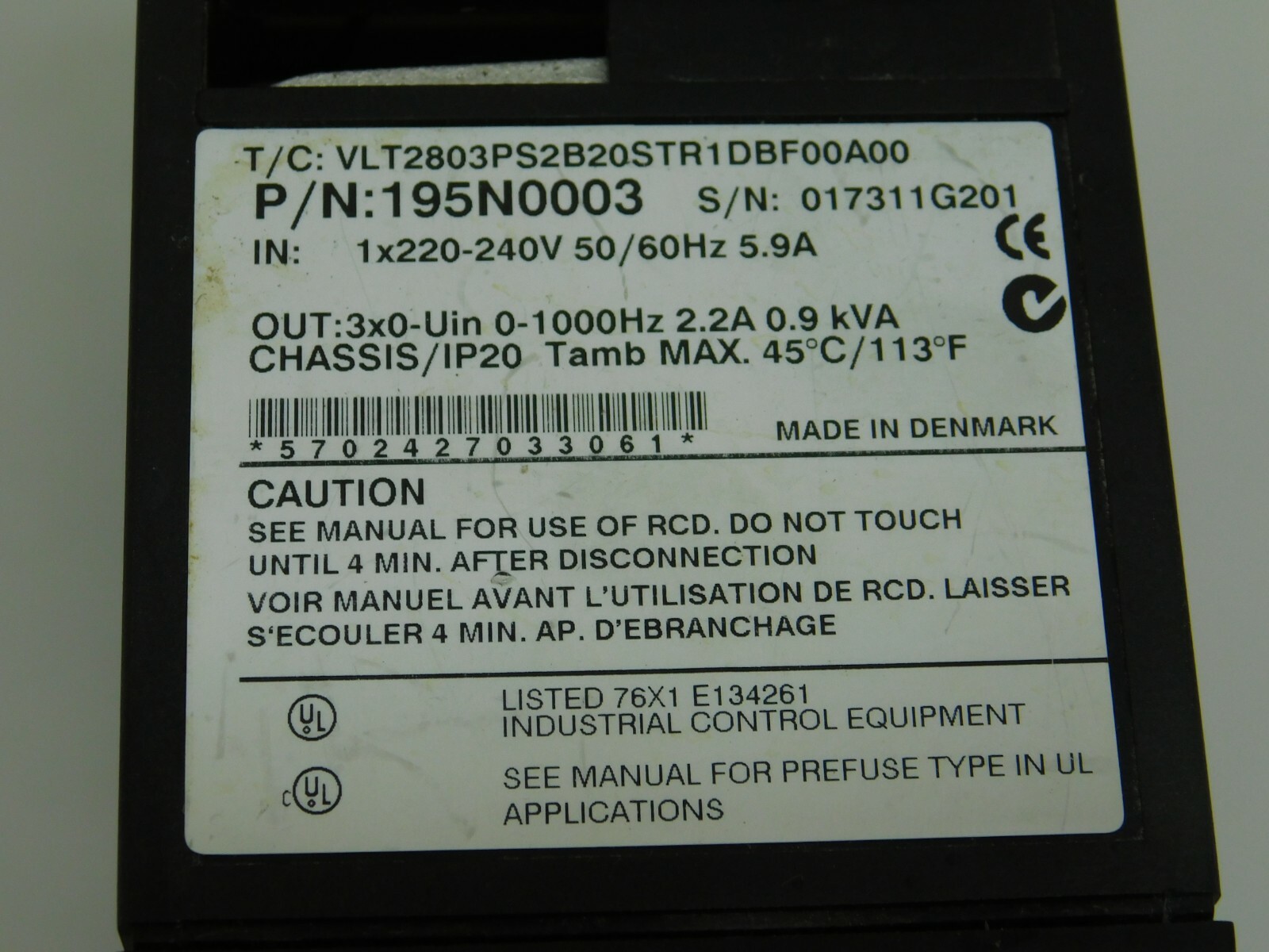 DANFOSS VLT 28003PS2B20STR1DBF00A00 0.9 Kva