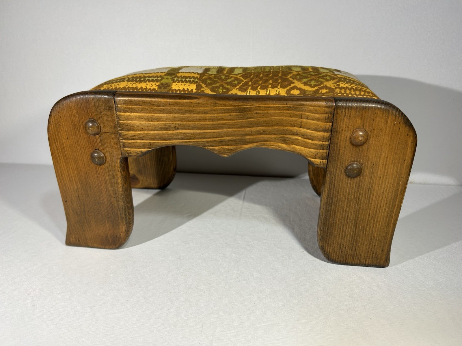 Portsmouth Print Antique Upholstered Wooden Stool Geometric Pattern 14x7x7.5in