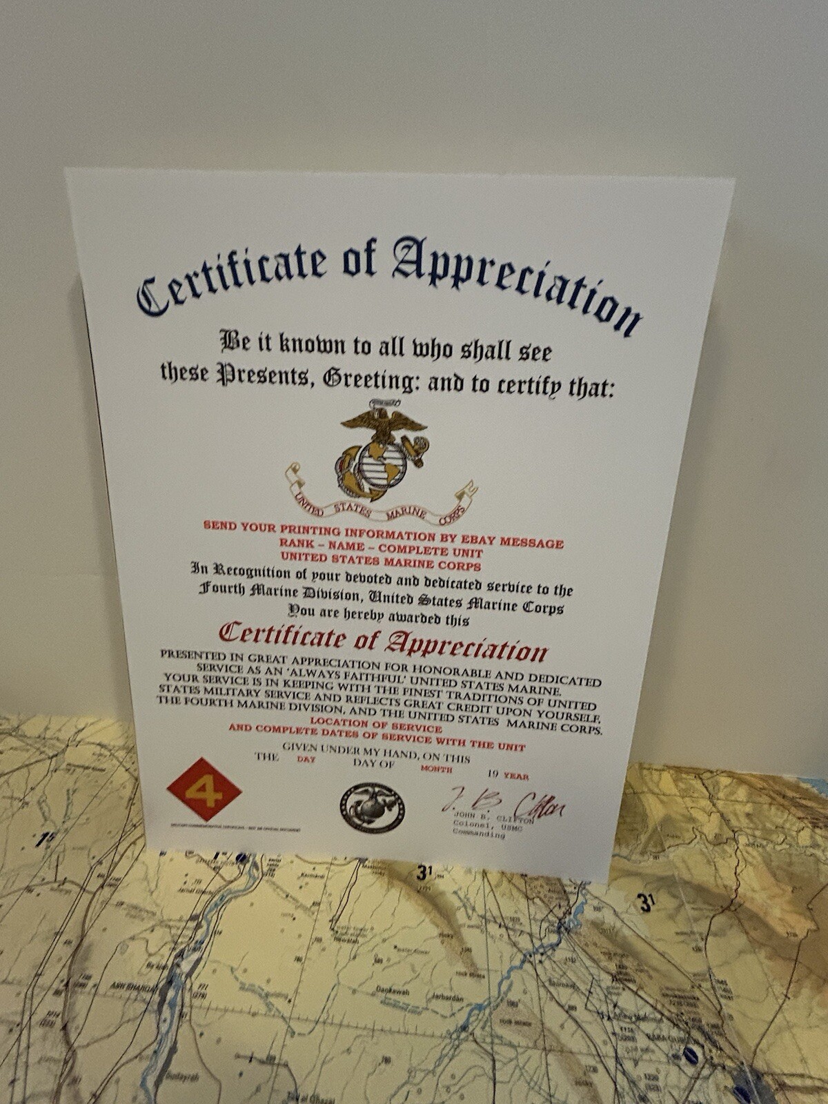 U.S. MARINE CORPS / 4TH MARINE DIVISION - CERTIFICATE OF APPRECIATION