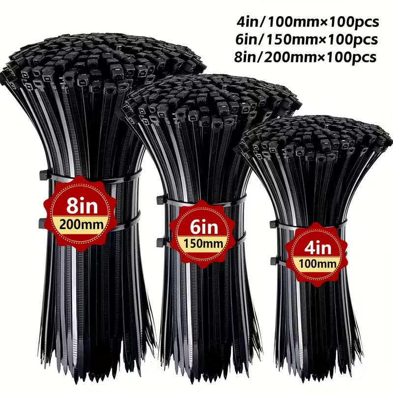 300PCS Zip Cable Ties Assorted Sizes 4”+6”+8” Heavy duty Nylon Blk UV Resistant