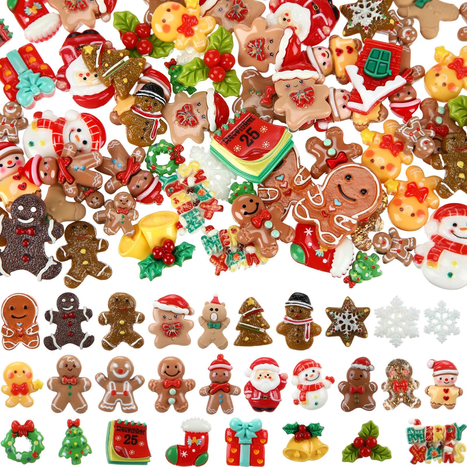 40 Pcs Christmas Resin Charm Kawaii Gingerbread Snowman Santa Xmas Tree Flat ...