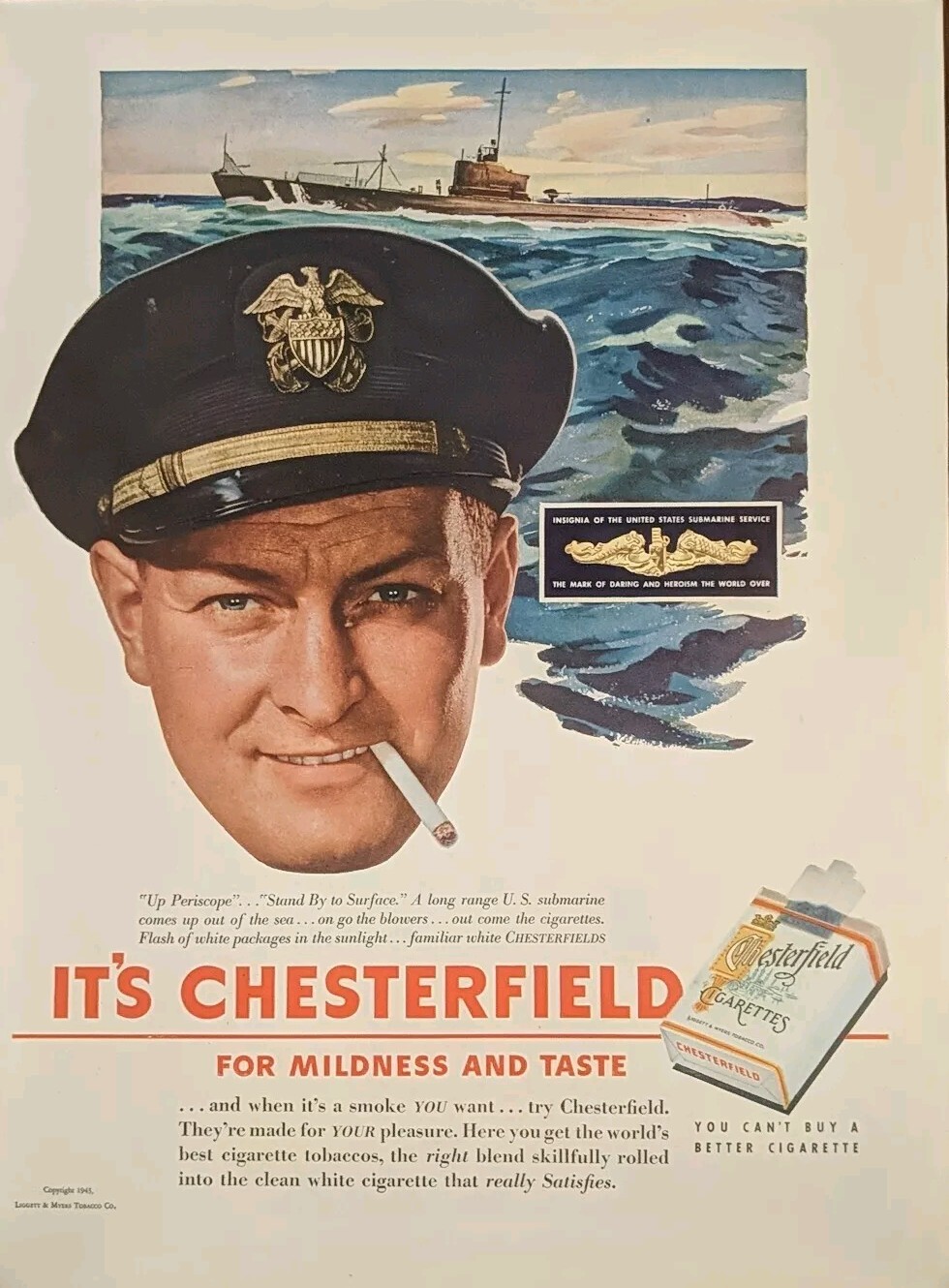1943 vintage Chesterfield cigarettes print ad, Submarine Captain Smoke Break