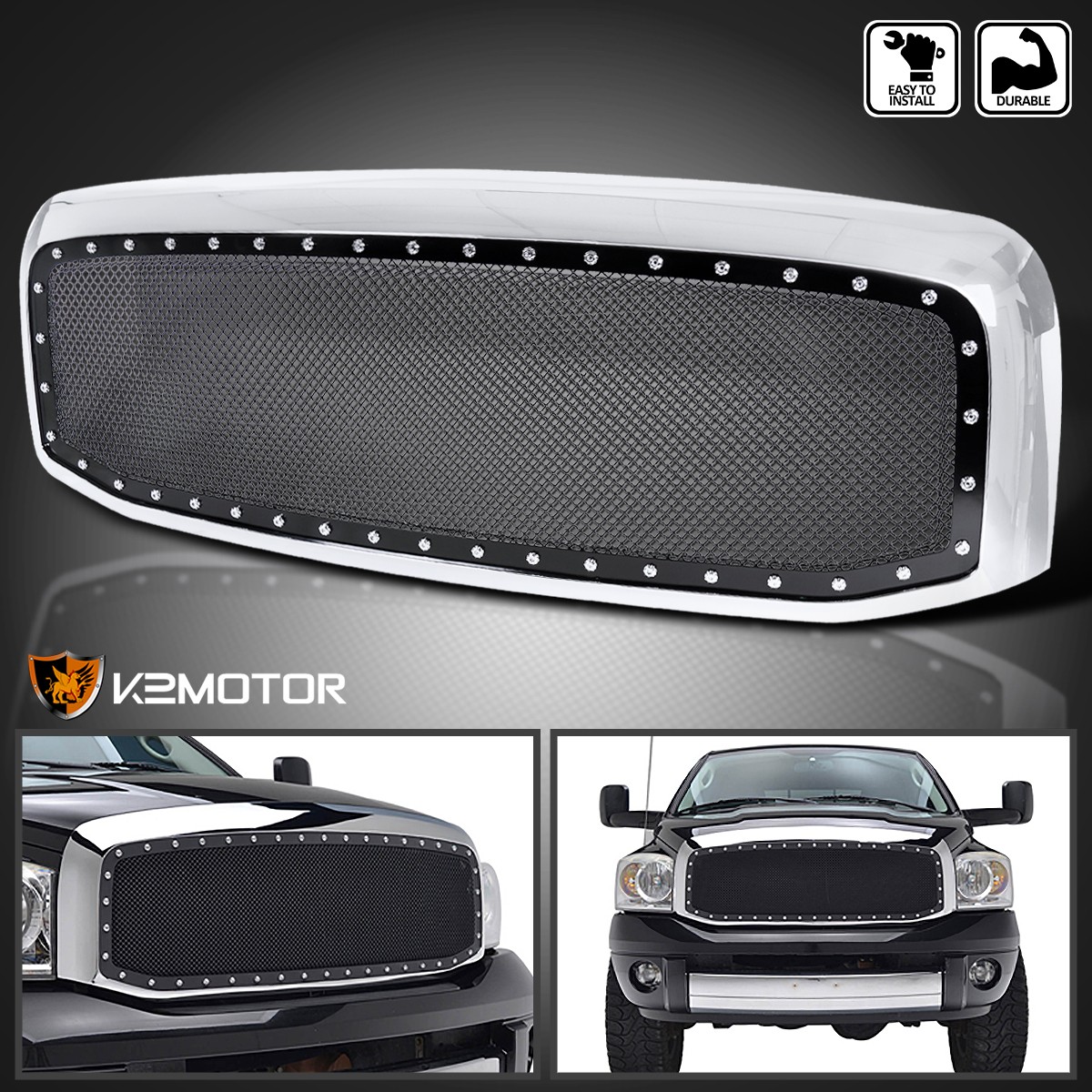 Fits 2006-2008 Dodge Ram 1500 2500 3500 Chrome Rivet Style Mesh Grille+Shell