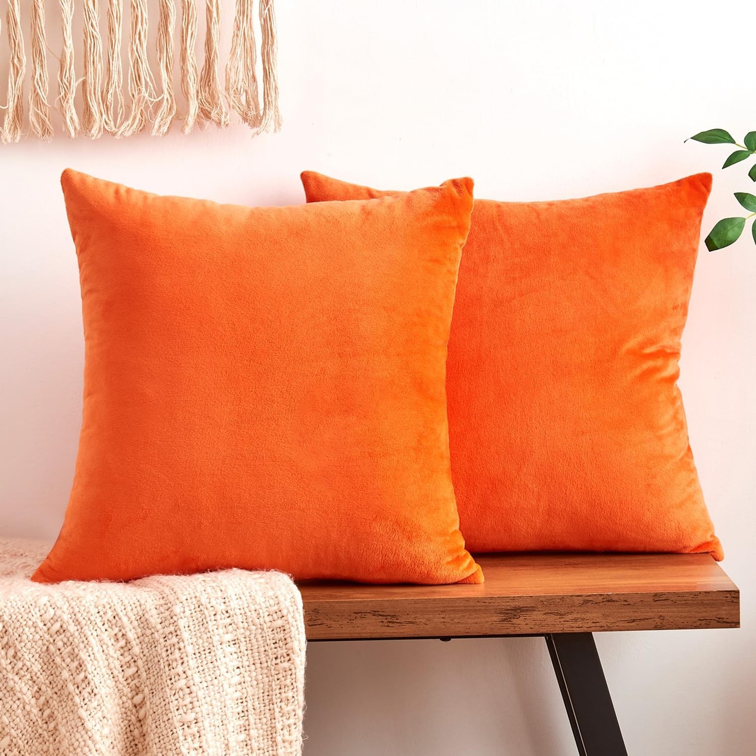 Living Room Pillow Covers, Velvet, 18x18, Set Of 2, Burnt Orange