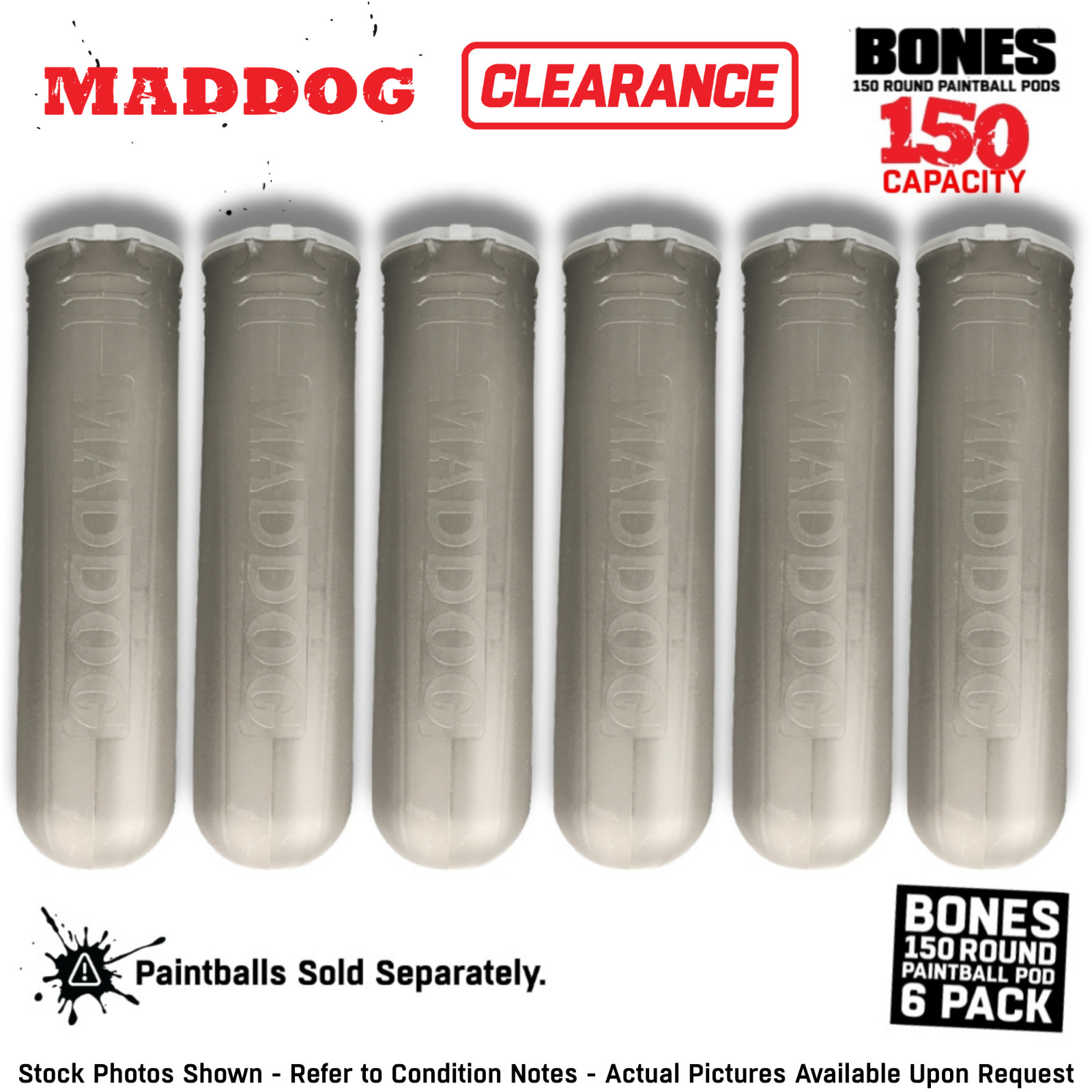 CLEARANCE Maddog 150 Round BONES Paintball Pod - Smoke - 6 Pack